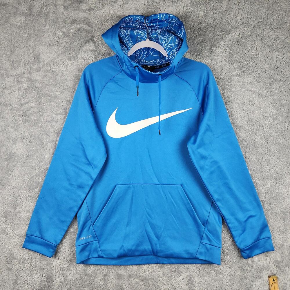 Nike Hoodie Mens Medium Blue Dri-FIT Pullover Fleece Swoosh Sweatshirt Athletic